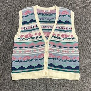 Vintage Cricket Lane Pink Floral Fair Isle Sweater Vest Cardigan XL Grandma
